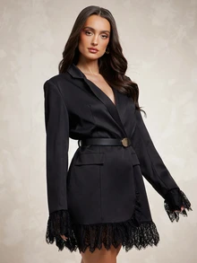 Silquee Women's Elegant Commuter Lace Patchwork Blazer - Black - View 10