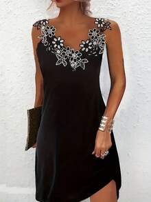EMERY ROSE Women's Halter Neck Sleeveless Dress With Floral Decor - Black - View 2