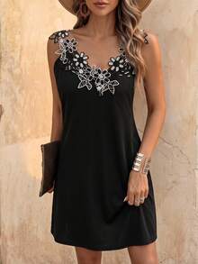 EMERY ROSE Women's Halter Neck Sleeveless Dress With Floral Decor - Black - View 1