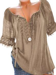 EMERY ROSE Women Plain Short Sleeve Ruffle Detail Casual Blouse, Everyday Wear - Khaki - View 5