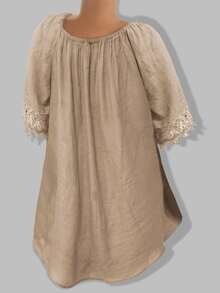 EMERY ROSE Women Plain Short Sleeve Ruffle Detail Casual Blouse, Everyday Wear - Khaki - View 2