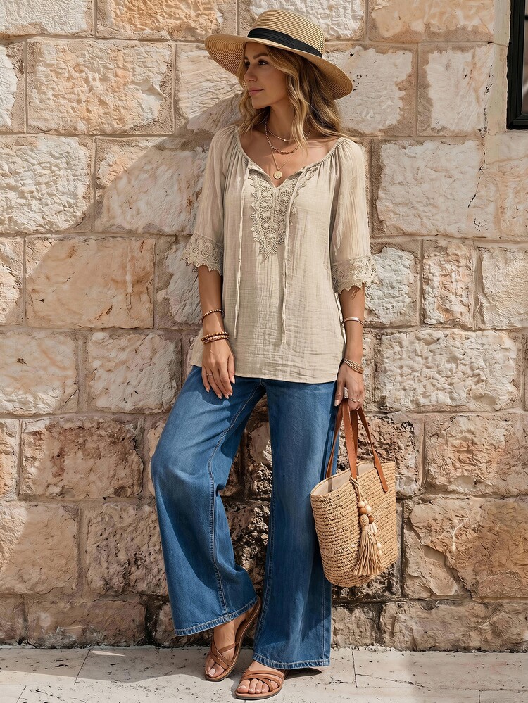 EMERY ROSE Women Plain Short Sleeve Ruffle Detail Casual Blouse, Everyday Wear - Khaki - View 3