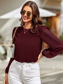 EMERY ROSE Lantern Sleeve Keyhole Back Blouse,Long Sleeve Tops Fall Cloth For Women - Maroon - View 3