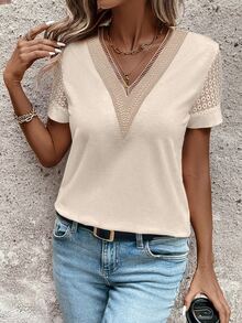 EMERY ROSE Women Fashionable Hollow Out Color Block Short Sleeve V-Neck T-Shirt - Apricot - View 3