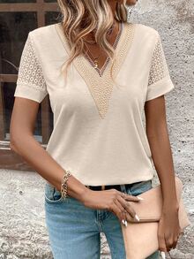 EMERY ROSE Women Fashionable Hollow Out Color Block Short Sleeve V-Neck T-Shirt - Apricot - View 6
