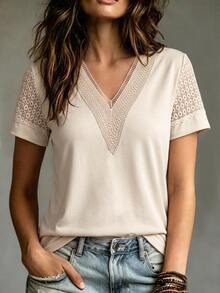 EMERY ROSE Women Fashionable Hollow Out Color Block Short Sleeve V-Neck T-Shirt - Apricot - View 8