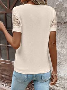 EMERY ROSE Women Fashionable Hollow Out Color Block Short Sleeve V-Neck T-Shirt - Apricot - View 2