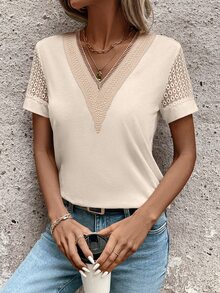 EMERY ROSE Women Fashionable Hollow Out Color Block Short Sleeve V-Neck T-Shirt - Apricot - View 5