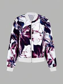 EMERY ROSE Women's Floral Print Long Sleeve Zip Front Bomber Jacket Fall Winter Cloth For Women - Multicolor - View 4