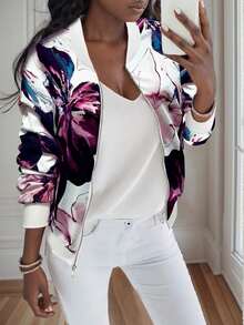 EMERY ROSE Women's Floral Print Long Sleeve Zip Front Bomber Jacket Fall Winter Cloth For Women - Multicolor - View 2