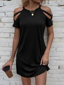 EMERY ROSE Cold Shoulder Criss Cross Tee Dress - Black - View 4