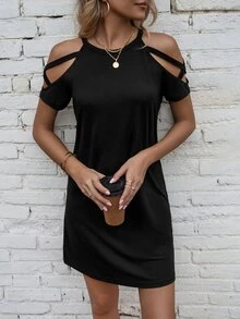 EMERY ROSE Cold Shoulder Criss Cross Tee Dress - Black - View 8