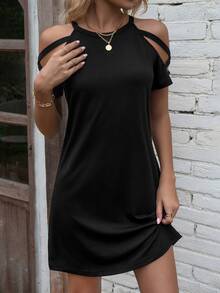 EMERY ROSE Cold Shoulder Criss Cross Tee Dress - Black - View 5