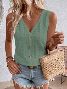 EMERY ROSE Top sans manches à boutonnière et broderie à œillets - Vert - Voir 4
