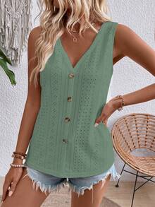 EMERY ROSE Top sans manches à boutonnière et broderie à œillets - Vert - Voir 5