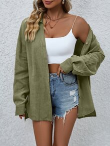 EMERY ROSE Solid Texture Shirt,Long Sleeve Tops Fall Cloth For Women - Green - View 4