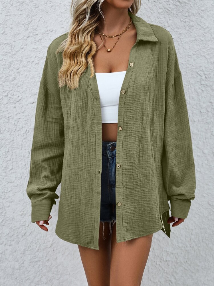 EMERY ROSE Solid Texture Shirt,Long Sleeve Tops Fall Cloth For Women - Green - View 5