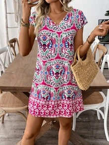EMERY ROSE Women V-Neck Short Sleeve Printed Casual Mini Dress - Multicolor - View 5