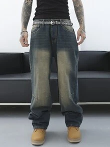 Manfinity Roghcode Men's Fashionable Loose Fit Jeans,Vintage Distressed Design Green Summer Streetwear City Break Baggy Long Cargo Plain Blue Rapper Street College Sport - Blue - View 3