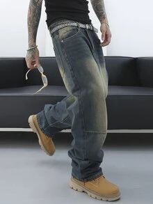 Manfinity Roghcode Men's Fashionable Loose Fit Jeans,Vintage Distressed Design Green Summer Streetwear City Break Baggy Long Cargo Plain Blue Rapper Street College Sport - Blue - View 5