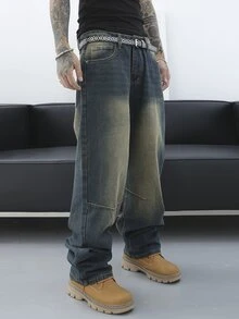 Manfinity Roghcode Men's Fashionable Loose Fit Jeans,Vintage Distressed Design Green Summer Streetwear City Break Baggy Long Cargo Plain Blue Rapper Street College Sport - Blue - View 6