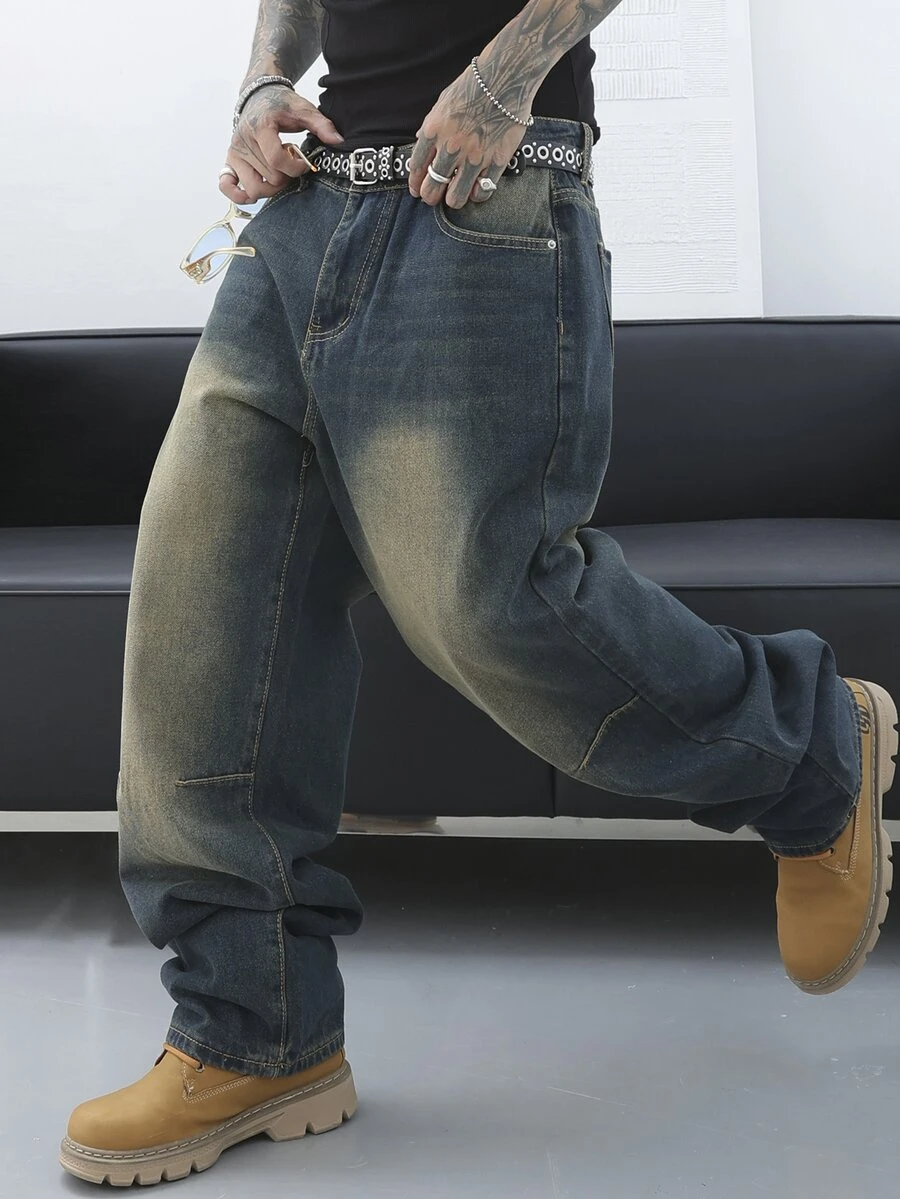 Manfinity Roghcode Men's Fashionable Loose Fit Jeans,Vintage Distressed Design Green Summer Streetwear City Break Baggy Long Cargo Plain Blue Rapper Street College Sport - Blue - View 1