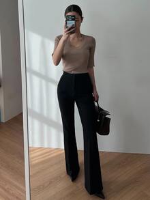 DAZY 1件女款修身顯腿長喇叭褲，顯瘦拉長腿部，女式西裝褲校園風 - 黑色 - 查看 2