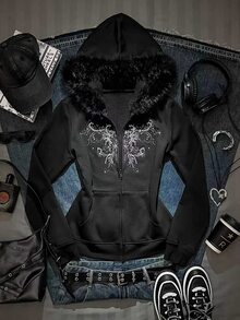 SHEIN EZwear Plus Size Casual Hooded Sweatshirt, Autumn/Winter - Black - View 1