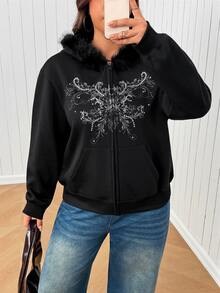 SHEIN EZwear Plus Size Casual Hooded Sweatshirt, Autumn/Winter - Black - View 7