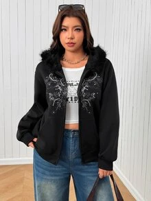 SHEIN EZwear Plus Size Casual Hooded Sweatshirt, Autumn/Winter - Black - View 4