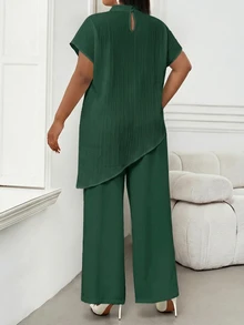 SHEIN Lady 大尺碼女款綠色立領短袖不對稱下擺時尚上衣 - 墨綠色 - 查看 2