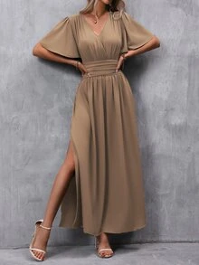EMERY ROSE V-Neck Split Hem Short Sleeve Solid Color Summer Dress Maxi Women Outfit - Mocha Brown - View 6