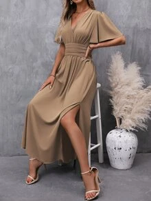 EMERY ROSE V-Neck Split Hem Short Sleeve Solid Color Summer Dress Maxi Women Outfit - Mocha Brown - View 8