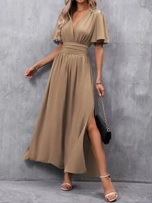 EMERY ROSE V-Neck Split Hem Short Sleeve Solid Color Summer Dress Maxi Women Outfit - Mocha Brown - View 3