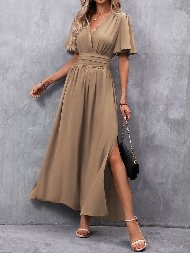 EMERY ROSE V-Neck Split Hem Short Sleeve Solid Color Summer Dress Maxi Women Outfit - Mocha Brown - View 3