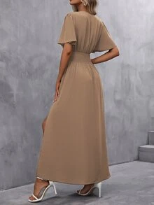 EMERY ROSE V-Neck Split Hem Short Sleeve Solid Color Summer Dress Maxi Women Outfit - Mocha Brown - View 2