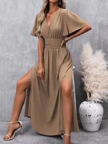 EMERY ROSE V-Neck Split Hem Short Sleeve Solid Color Summer Dress Maxi Women Outfit - Mocha Brown - View 7
