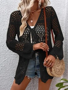 EMERY ROSE Solid Color Knotted Hollow See-Through V-Neck Long Sleeve Kimono Cover Up For Summer Beach Vacation - Black - View 5