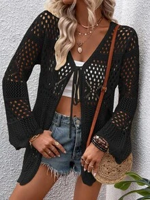 EMERY ROSE Solid Color Knotted Hollow See-Through V-Neck Long Sleeve Kimono Cover Up For Summer Beach Vacation - Black - View 4