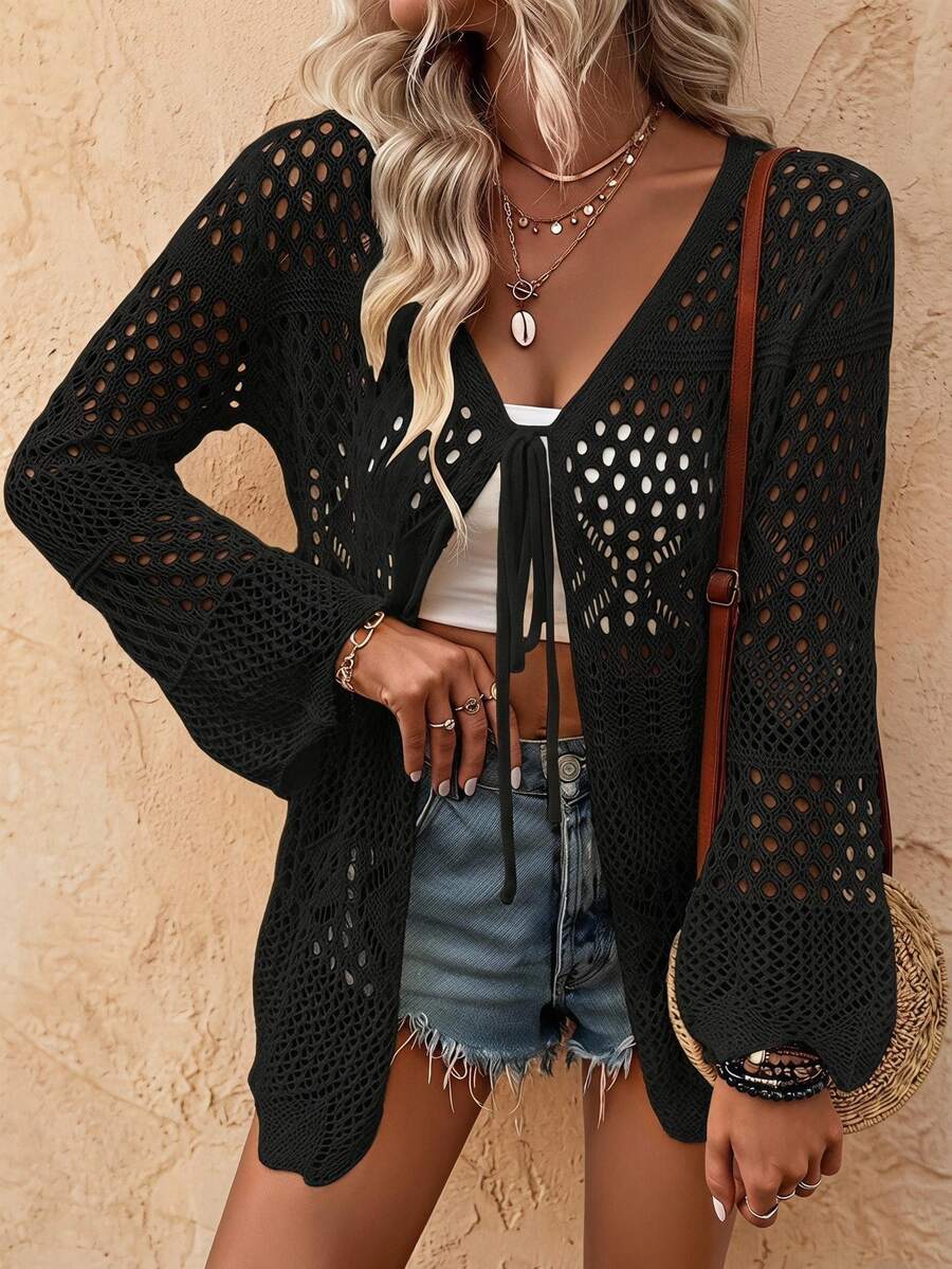 EMERY ROSE Solid Color Knotted Hollow See-Through V-Neck Long Sleeve Kimono Cover Up For Summer Beach Vacation - Black - View 1