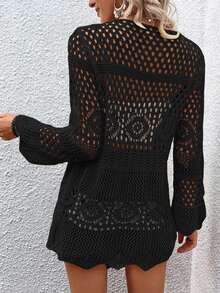 EMERY ROSE Solid Color Knotted Hollow See-Through V-Neck Long Sleeve Kimono Cover Up For Summer Beach Vacation - Black - View 2