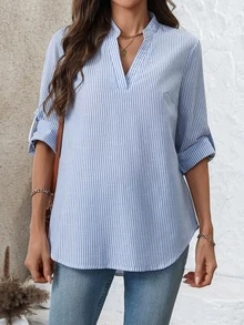 EMERY ROSE Women's Striped & Printed V-Neck Roll-Up Sleeve Casual Shirt - Blue and White - View 7