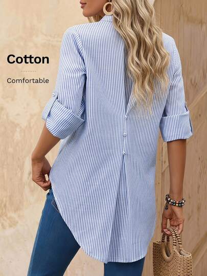 EMERY ROSE Women's Striped & Printed V-Neck Roll-Up Sleeve Casual Shirt