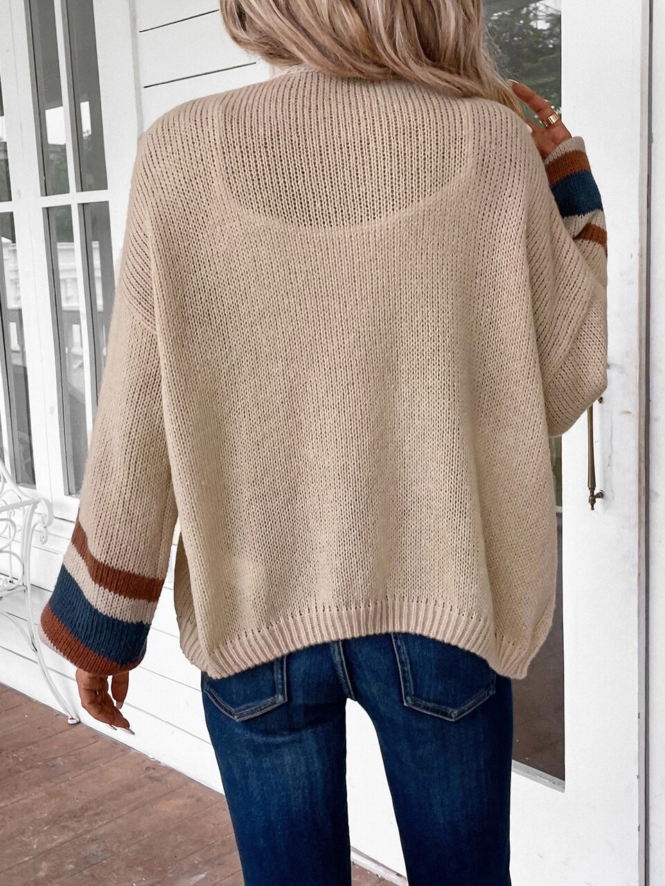 Women's Long Sleeve Colorblock Navy Blue Cardigan, Casual French Daily Wear,Long Sleeve Tops,Knitted Sweater In Autumn/ Brunch