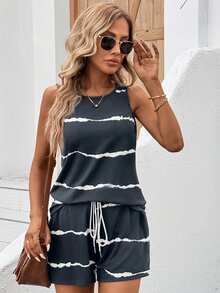 EMERY ROSE Women's Line Print Sleeveless Shorts 2pcs/Set - Grey - View 7