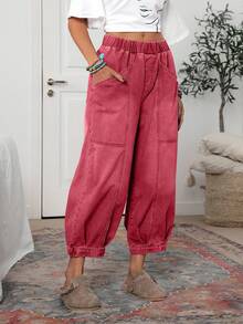 EMERY ROSE Women's Casual Plain Color Elastic Waist Pocket Jeans, Suitable For Daily Wear - Red - View 7