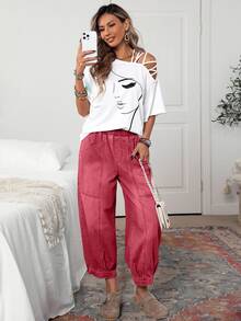 EMERY ROSE Women's Casual Plain Color Elastic Waist Pocket Jeans, Suitable For Daily Wear - Red - View 6