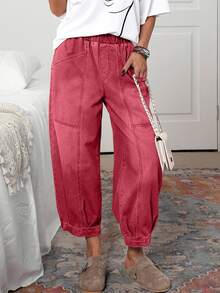 EMERY ROSE Women's Casual Plain Color Elastic Waist Pocket Jeans, Suitable For Daily Wear - Red - View 8