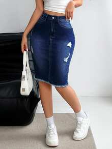 EMERY ROSE Ladies' Button Pocket Belted Denim Skirt With Torn Design, Daily Fashionable - Dark Wash - View 4