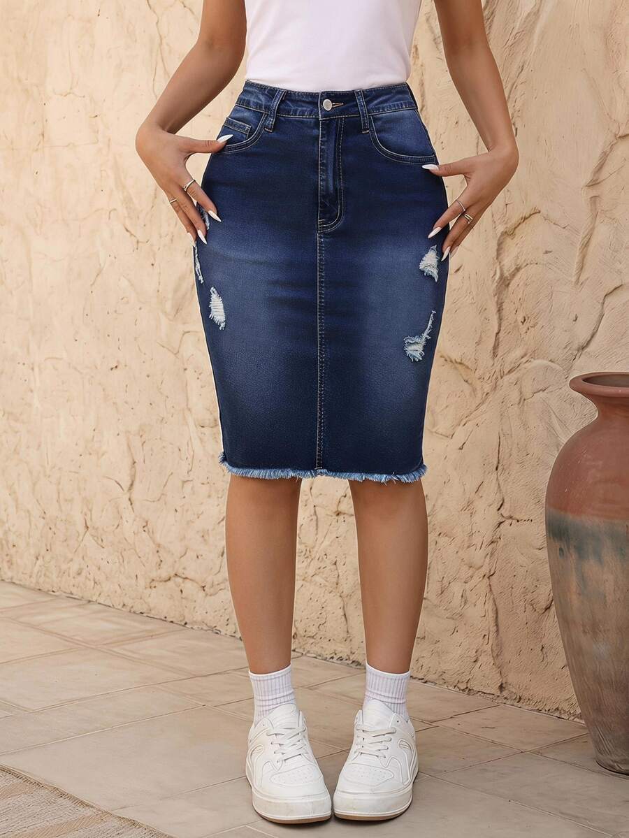 EMERY ROSE Ladies' Button Pocket Belted Denim Skirt With Torn Design, Daily Fashionable - Dark Wash - View 1
